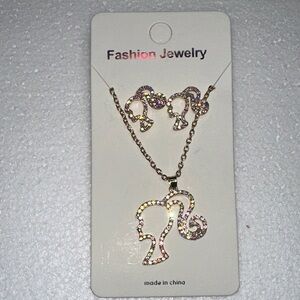 Rhinestone Ponytail Silhouette Necklace & Earring Set - Gold Tone
